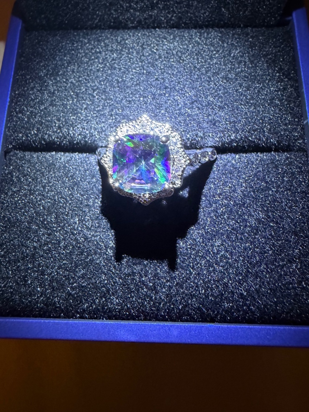 Mystic Topaz Ring: Cushion Cut, Moissanite Accents, 14kt White Gold/Silver